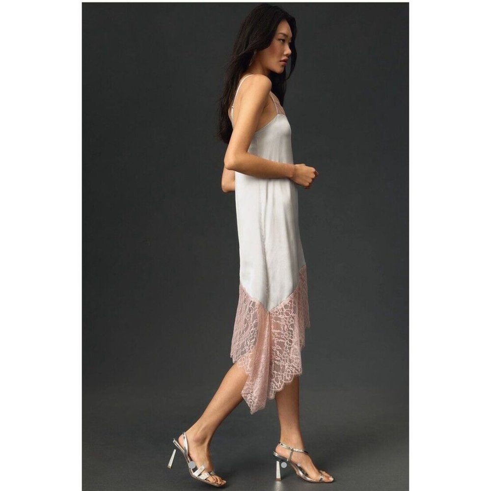 Anthropologie Dress Size 6 Slip Lace Trimmed Satin Silver Sexy Midi Asymmetric - Picture 4 of 12